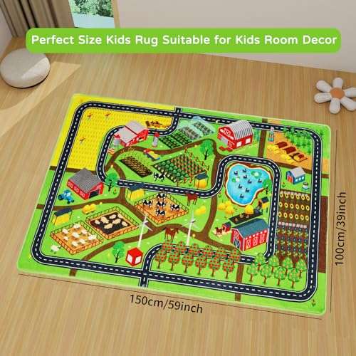 Mfmiudole Kids Rug Play Rug for Toy Cars, 39.4"×59" Farm Life Road Traffic for Playroom Kid Car Road Mat Village Map Play Mat Non-Slip Washable Carpet for Toddler Boy Family Tummy Time Playtime 5
