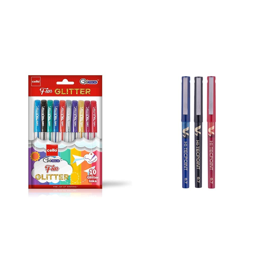 Cello Geltech Fun Glitter Gel Pen (Pack of 10 Pens in Multicolour Ink) | Glitter Gel Pens for Art Lo & Pilot V7 Liquid Ink Roller Ball Pen (1 Blue + 1 Black + 1 Red) 1
