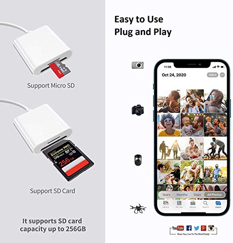 SD Card Reader for iPhone iPad, Apple MFi Certified iPhone SD/Micro SD Card Reader Adapter Cable with Dual Slots for SLR Cameras, Trail Game Camera Viewer, Memory Card Reader for iPhone, Plug and Play 3