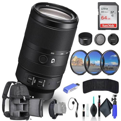 Sony E 70-350mm f/4.5-6.3 G OSS Lens SEL70350G, 64GB Memory Card, Filter Kit, Backpack, Card Reader, Flex Tripod, Memory Card Wallet, Cap Keeper, Cleaning Kit, Hand Strap 1