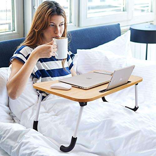 DKEXL Foldable Wooden Laptop Bed Tray Table,Foldable Non-Slip Legs Reading Table, Multifunction Lap Tablet Desk with Cup Holder (Brown) 6