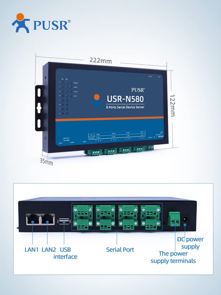 PUSR 8 Ports MQTT Modbus Gateway Support SSL/TLS Edge Computing RS485 Serial to ethernet Converter Device Server USR-N580 3