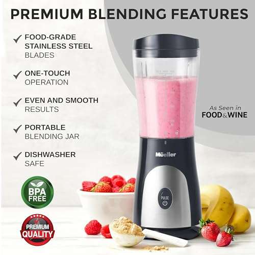 Mueller Personal Blender for Shakes and Smoothies with 15 Oz Travel Cup and Lid, Juices, Baby Food, Heavy-Duty Portable Blender & Food Processor, Grey 2