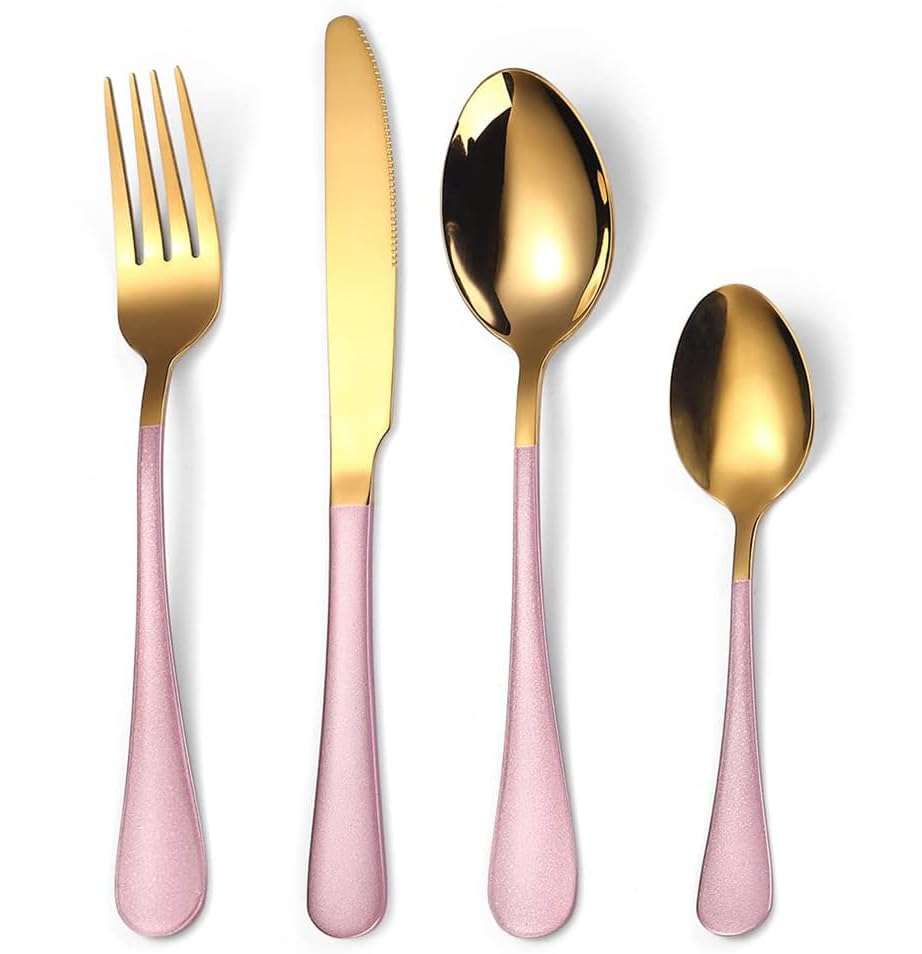 KitchAntique Set of 48 Premium Gold Cutlery with Pink Handle | Stainless Steel Flatware, 12 Dinner Spoons, 12 Forks, 12 Butter Knives, 12 Teaspoons | Reusable for Home & Corporate Gifting 5