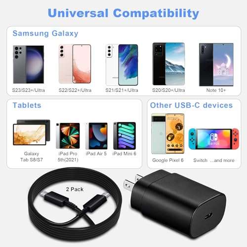 Type C Super Fast Charger, 25W PD USB C Wall Charger Block with 6FT USB C Cable Compatible with Galaxy S23 S22 S21 S20 Plus Ultra, Note 20 19 18 S10 S9 S8 6