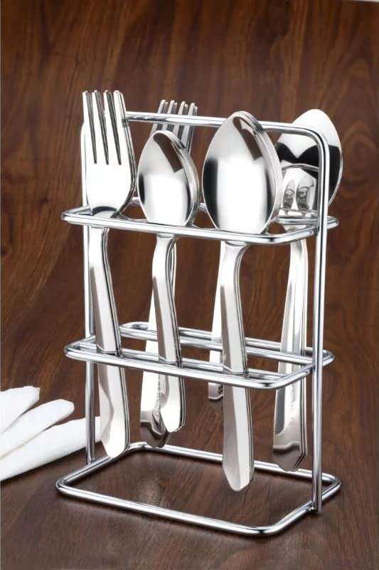 Sajani 24 pcs Stainless Steel Cutlery Set / Forks with Stand for Home & Kitchen / 6 Dinner Spoons / 6 Dinner Forks / 6 Dessert Spoons / and 6 Tea Spoons / Cutlery Set with Stand ( Silver ) 1