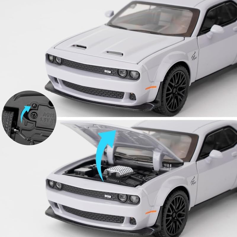 RJKD New 1:24 Dodge Challenger Alloy Die-Cast Metal Car Pull-Back Action with Openable Doors Realistic Sound and Light Effects Car for Kids - White 6