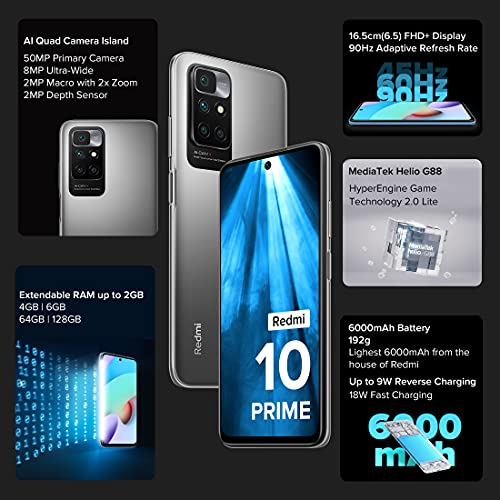 Redmi 10 Prime (Astral White 6GB RAM 128GB Storage |Helio G88 with extendable RAM Upto 2GB |FHD+ 90Hz Adaptive Sync Display) | 22.5W Charger Included 2