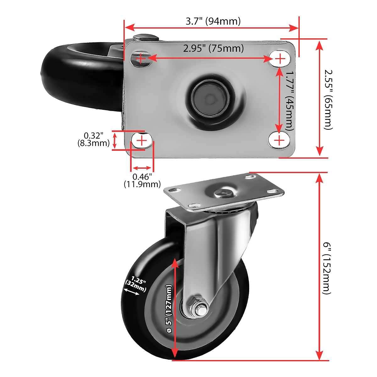 8 Pack 5 Inch Combo Caster Swivel Plate 4 w/Brake & 4 Plate Heavy Duty on Black PU Wheels with Heavy Duty Screws 3