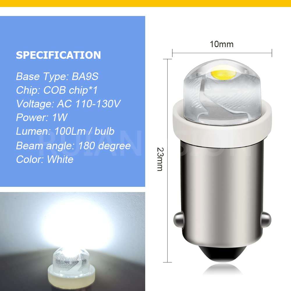 Ruiandsion BA9S LED Bulb 120V 1W 100LM White, 20-Pack, COB Chip for Industrial Control & Power Systems, Distribution Cabinet Status Indicator Light 3