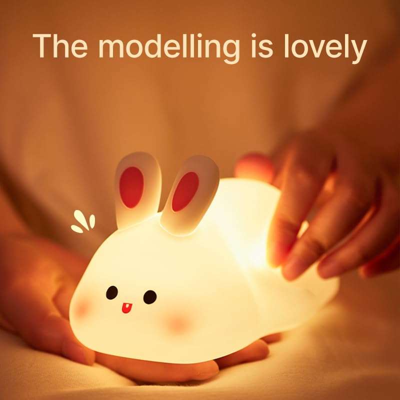 LYQTloml Lying Flat Rabbit Night Light, LED Squishy Buuny Rabbit, Cute Light Up Rabbit, Silicone Dimmable Nursery Nightlight, Rechargeable Bedside Touch Lamp for Breastfeeding, Finn The Rabbit 3