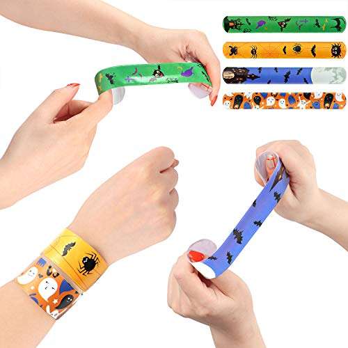 48 PCS Halloween Slap Bracelets for Kids Snap Bracelets Bulk with Spider Pumpkin Ghost Animal Print Craft Halloween Party Favors Birthday Gifts 3
