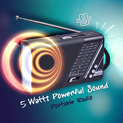 PAGARIA Portable FM/AM/SW Radio with 5 Watts Sound, Bluetooth/USB/TF, Earphone Port & Torch 3