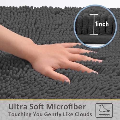 UHOUSEST Bathroom Rugs Sets 4 Pieces,Chenille Bath Mats for Bathroom,Super Absorbent Soft Washable Bathroom Carpets,Non Slip Contour Mat Toilet Lid Cover and Bath Rug Mats Shower Mats,Dark Gray 3