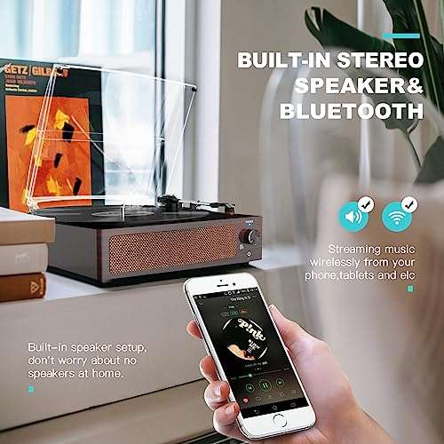 WOCKODER Vinyl Record Players Turntable with Built-in Two Speakers Belt-Driven All-in-one Retro Turn tables 3 Speed 3 Size LP Phonograph BT Wireless Bluetooth Receiver Headphone AUX-in RCA Vintage Red 4