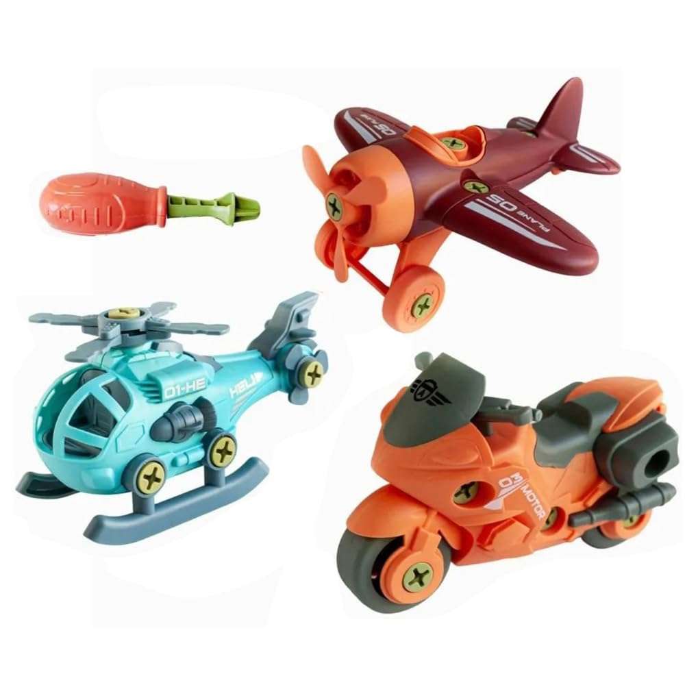 DUWOL DIY Police Vehicle Play Set Toy 3 Pack Cars with 1 Screwdriver Tools, Kids Stem Toys Including 1 Helicopter, 1 Air Jet, 1 Sport Bike, for Toddlers Birthday Gifts for Boys 1