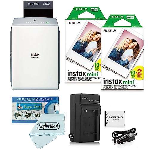 Fujifilm Instax Share SP-2 Smartphone Printer (Silver) Mini Twin Pack (40 Shots) + Travel Charger & Extra Battery + Cleaning Cloth 1