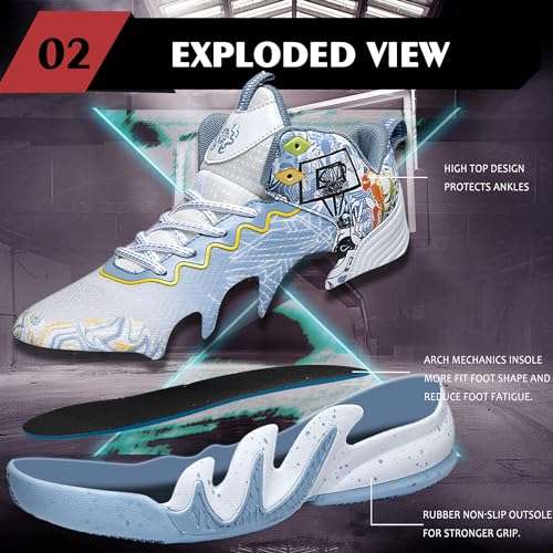 CJSPORX Unisex's Basketball Shoes Breathable Men Non Slip Outdoor Fashion Women Sneakers White&Blue-3 Size 10-1 3