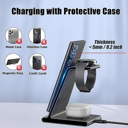 Wireless Charger for Samsung Charging Station, 3 in 1 Wireless Charger for Samsung Galaxy S24 Ultra/S23 Ultra/Z Flip 5/Fold 5/Buds, Watch Charger for Galaxy Watch 7/6/5 Pro/4/3 4