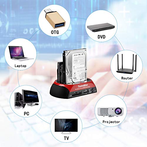 Tccmebius Hard Drive Docking Station, TCC-S862-US USB 2.0 to 2.5 3.5 Inch SATA IDE Dual Slots External Enclosure with All in 1 Card Reader and USB 2.0 Hub for 2.5" 3.5" IDE SATA I/II/III HDD SSD 6