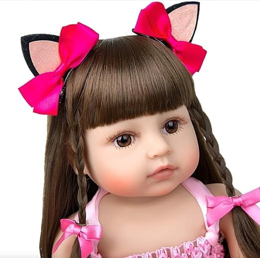 MIVEAS CARE Baby Reborn Toddler Baby Dolls Silicone Full Body Girl 22 inch Long Hair Anatomically Correct Waterproof Dolls Reborn Pink Dress Birthday Gift 5