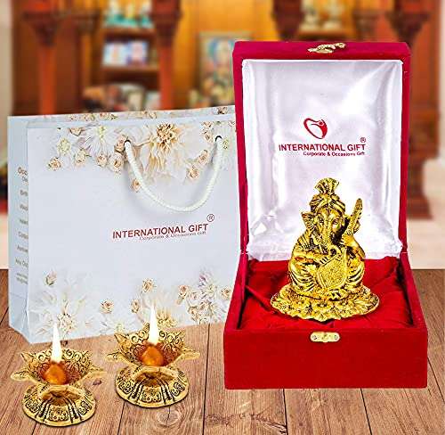 Silver Ganesh with Shehanais and Golden Ganesh with Sitar Instrument Statue Oxidized Finish with Beautiful Gift Box Packing and with Carry Bag and 4 pics jyot Set (11.5 Cm X 11 Cm X 9.5 Cm 3