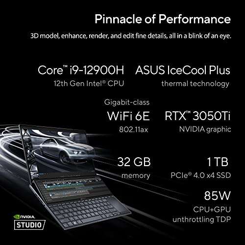 ASUS Zenbook Pro 14 Duo OLED (2022) Dual Screen, 14.5" (32.35 cm) 120Hz Touch, Creator/Gaming Laptop, Intel EVO Core i9 12th Gen, (32GB/1TB SSD/4GB RTX 3050 Ti/Win11/Black/1.75 Kg) UX8402ZE-LM921WS 4