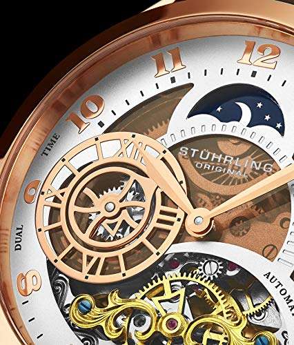 Stührling Original Automatic Watch for Men Skeleton Watch Dial, Dual Time, AM/PM Sun Moon, Leather Band, 571 Mens Watches Series (Rose Gold-A) 2