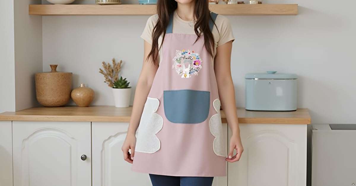 AMBROSIAL STORE Apron For Kitchen Cotton Kitchen Apron Set with Front Pocket Floral Bunny Design, Cooking Printed Apron For Women (PACK 2) 6