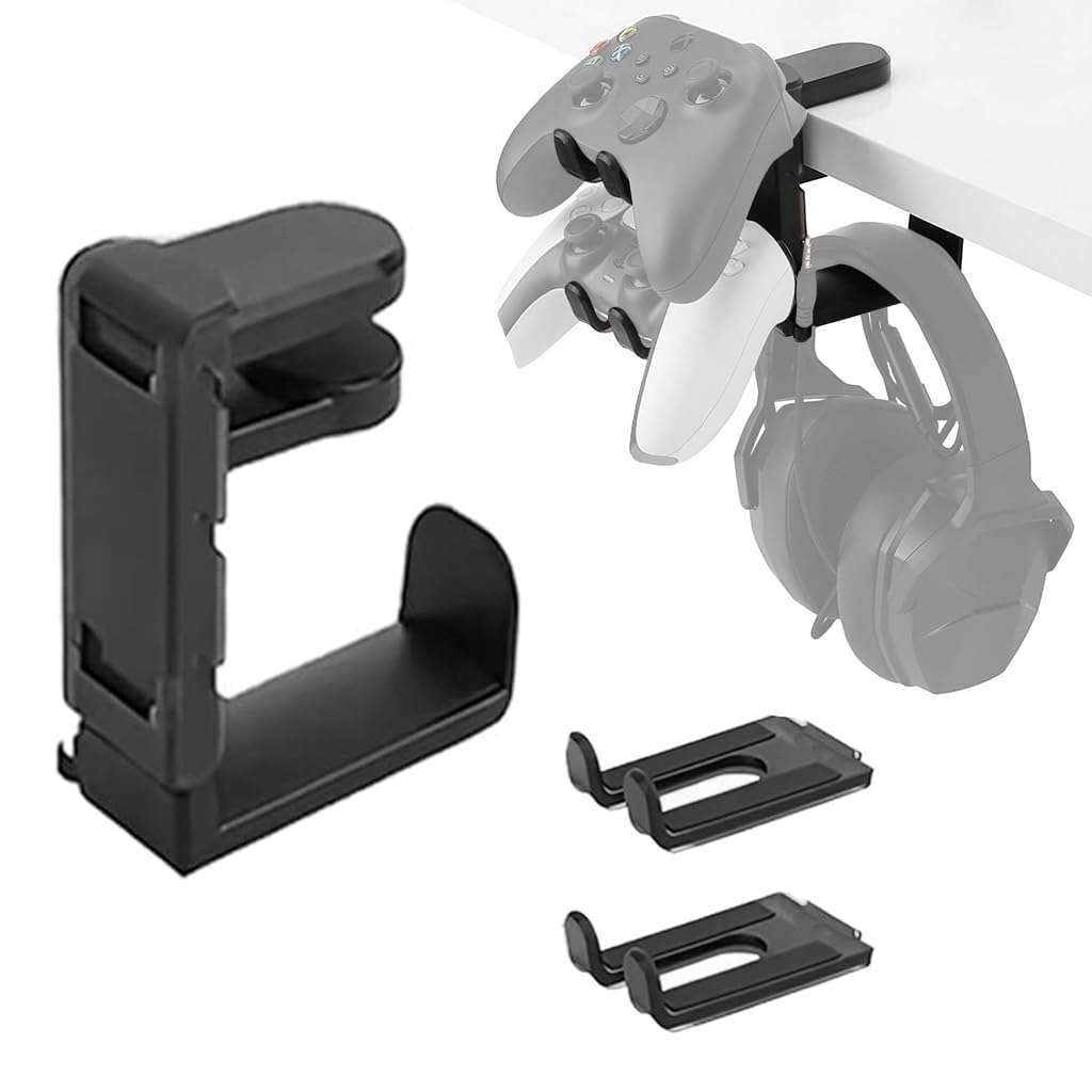 ZORBES® 3-in-1 PC Gaming Headset&Controller Holder, Headphone Stand with Adjustable Clamp&2 Controller Holder&Rotating Arm&Cable Organizer, 360 Degree Rotatable PC Gaming Accessory Headset Holder 1