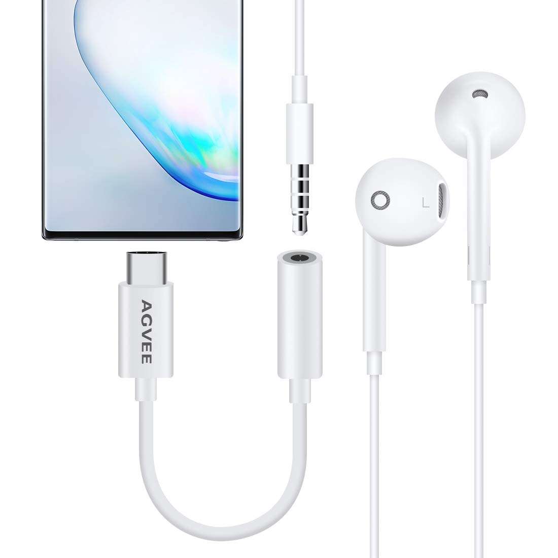 AGVEE USB-C to 3.5mm Microphone Headphones Adapter, 2-Pack Type-C TRRS AUX Mic Converter, USBC Earbuds Jack, Audio Dongle for Samsung S21 S20(5G Ultra), Note 10 20, iPad Pro, Pixel 5 4 3 2, White 2