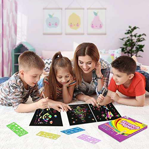 ZMLM Scratch Rainbow Art Paper Set - 100Pcs Magic Scratch Off Art Craft Supplies Kits for Kids Girls Boys Black Scratch Notes Sheet Doodle Pad for Fun DIY Toy Party Favors Christmas Birthday Gift 4