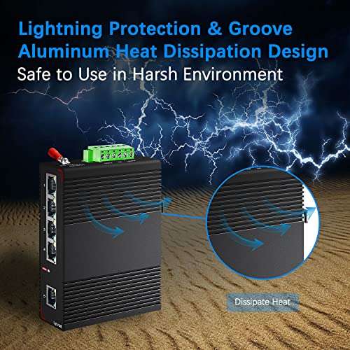 Lynxcel 5 Port Industrial Ethernet Switch,Aluminum Din Rail 60W gigabit Switch,IP30 Outdoor Network Switch Suitable for Security System/Mining etc(-40 to 185°F),Plug and Play with UL Power 4