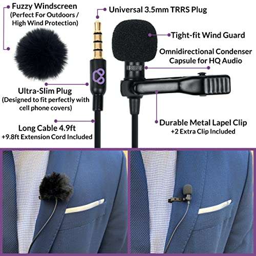 Purple Panda Dual Interview Lavalier Lapel Microphone Kit (2 Pack) for Podcast - Professional Omnidirectional Clip On Lav Mic - Compatible with iPhone, Android, DSLR Camera, Samsung, Zoom, Tascam 5