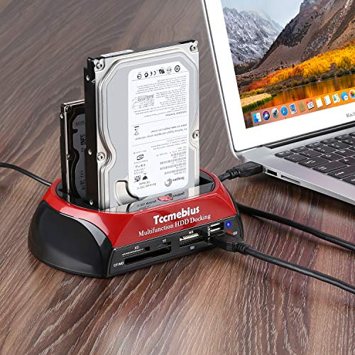 Tccmebius Hard Drive Docking Station, TCC-S862-US USB 2.0 to 2.5 3.5 Inch SATA IDE Dual Slots External Enclosure with All in 1 Card Reader and USB 2.0 Hub for 2.5" 3.5" IDE SATA I/II/III HDD SSD 2