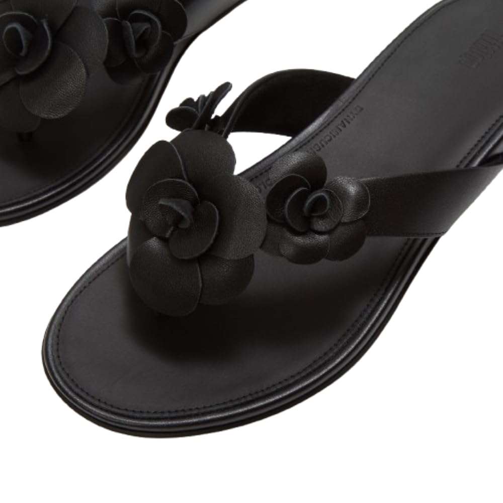 FitFlop Gracie Flower Leather Flip-Flops Sandals, Color: Black, Size: 7 (A4A-001-050) 5