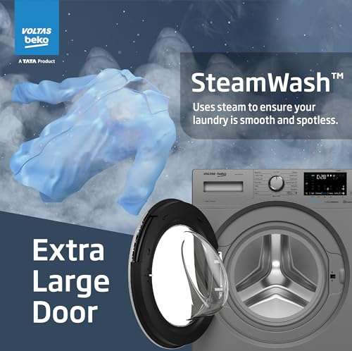 Voltas Beko 8.0kg, Inverter, 5 Star Front Load Washing Machine (WFL8014VTSC, Gray), Steam Wash,Stain Expert 4