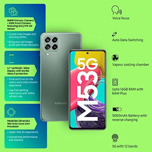 Samsung Galaxy M53 5G (Mystique Green, 8GB, 128GB Storage) | 108MP | sAmoled+ 120Hz | 16GB RAM with RAM Plus | Without Charger 2