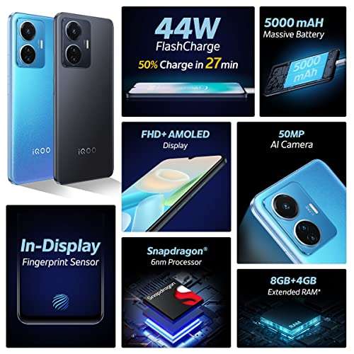IQOO Z6 44W (Lumina Blue, 6GB RAM, 128GB Storage) | 6.44" FHD+ AMOLED Display | 50% Charge in just 27 mins | in-Display Fingerprint Scanning 2