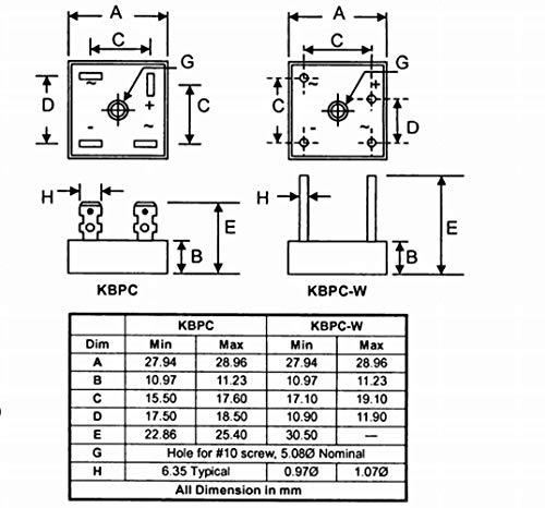 Bridgold 5pcs KBPC2510 2510 Bridge Rectifier Diode 25A 1000V Single Phase, Full Wave Electronic Silicon Diodes，4-Pin 6