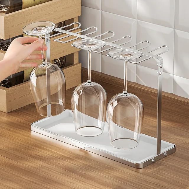 ARHAT ORGANIZERS Wine Glass Holder with Drain Tray | Countertop Stemware Rack with Water Tray | Hanging Wine Glass Stand & Tabletop Organizer | Under Shelf Hanging Storage Rack for Home Bar & Kitchen 4