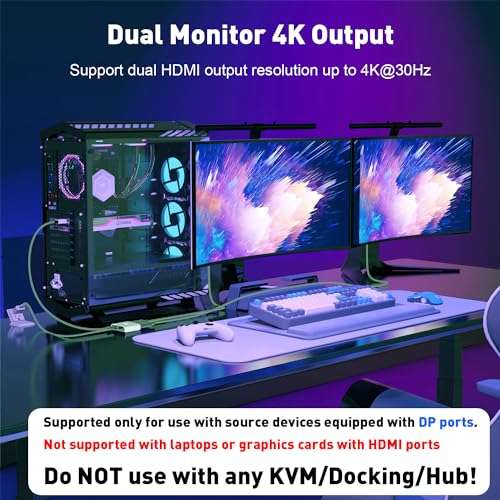 UANTIN DisplayPort to Dual HDMI Adapter | 4K 60Hz DP Source to HDMI Splitter Extended Display Adapter for Dual Monitors,Display Port Converter for NVIDIA, AMD Graphics Card 3