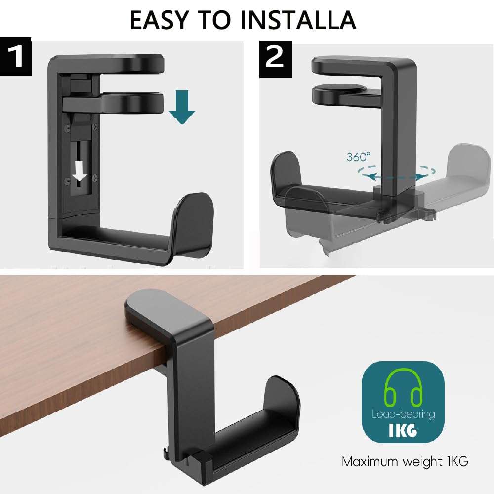 HoneTeek Rotating Headphone Stand, Headset Stand with Adjustable Clamp-on, headphone Holder for Desk, Headphones Hook Desk Clamp with Cable Clip Organizer, Foldable Headset Stand PC Gaming Accessories 3