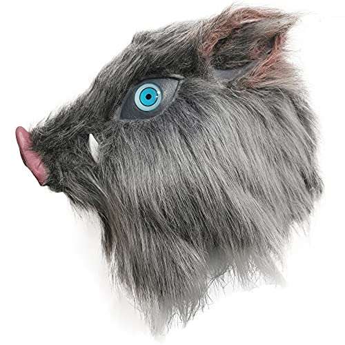HACoser Hashibira Inosuke Mask Anime Boar Fluffy Cosplay Helmet Halloween Party Fancy Dress Costume Props (Grey) One Size 2
