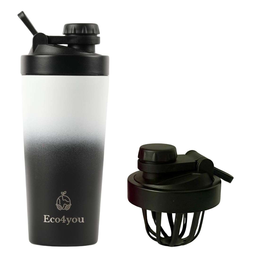 Eco4you Stainless Steel 2-in-1 Shaker/Infuser Bottle – Leak-Proof, Insulated 24-Hour Cold &12-Hour Hot Drinks, BPA-Free, 23oz | Odor Free, Noise Free Design Cup Holder Compatible - Black/White. 1