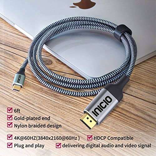 INICIO USB-C To Display Port Cable 1.8m, 4K/60Hz Type C To DisplayPort DP Adapter Thuderbolt 3/4 Compatible For MacBook Pro Air M3 M2 iPad Pro Galaxy S24 S23 Ultra XPS 13/15 HP Envy Spectre etc 3