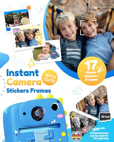 Kids Camera Instant Print, 1080P HD Digital Video Cameras for Kids with Print Paper & SD Card, Christmas Birthday Gifts for Girls Boys, Portable Dinosaur Toys for 3-10 Year Old Girls Boys- Blue 3
