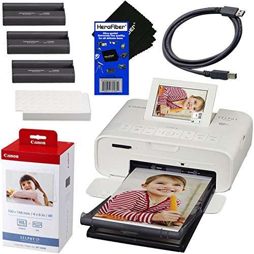 Canon SELPHY CP1300 Wireless Compact Photo Printer (White) + Canon KP-108IN Color Ink Paper Set (Produces up to 108 of 4 x 6 Prints) + USB Printer Cable + HeroFiber Ultra Gentle Cleaning Cloth 1