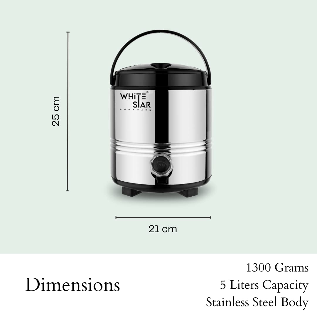 WHITESTAR Stainless Steel Office Water Dispenser 5 Liters of Water Storage Containers with Leak-Proof Tap I Hot and Cold Water Camper/Jug I PUF Insulated Thermosteel I Easy to Carry & Maintain 4