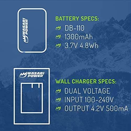 Wasabi Power DB-110 Battery (2-Pack) and Charger for Ricoh GR III, GR IIIx, Theta X, WG-6, and G900, G900 II, G900SE II 3